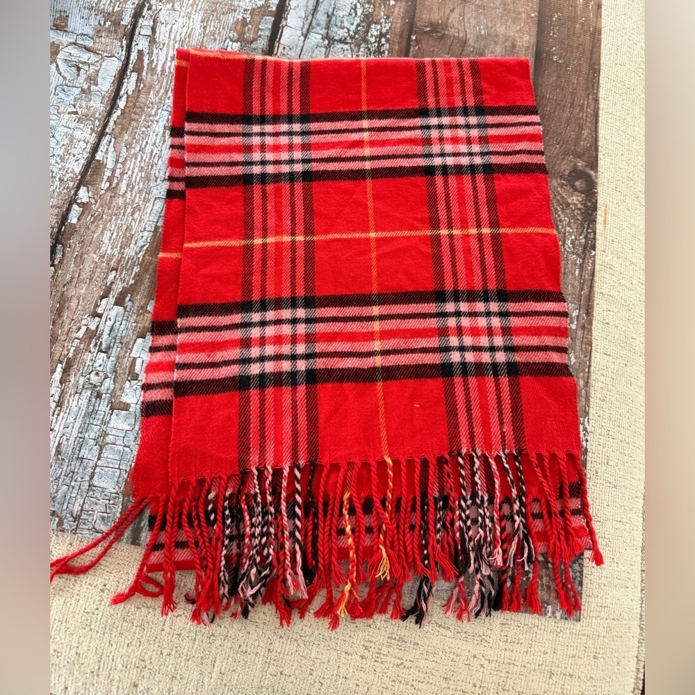 Orange Red 💯 Cashmere Made in Scotland Plaid Cashmere Scarf - Picture 2 of 4